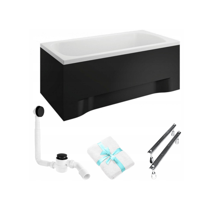 Polimat Classic Wanna 120x70 Akrylowa z czarną obudową w zestawie z syfonem i nóżkami, odporna na zarysowania