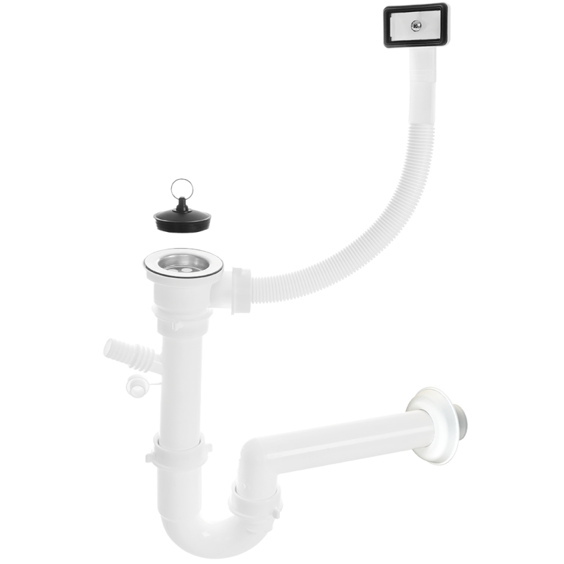 Syfon Inox Pro z Przelewem - Idealny do Zlewozmywaków Jednokomorowych z Wyjściem na Zmywarkę