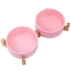 Eleganckie miski ceramiczne z bambusowym stojakiem, kolor różowy, model PJ-079