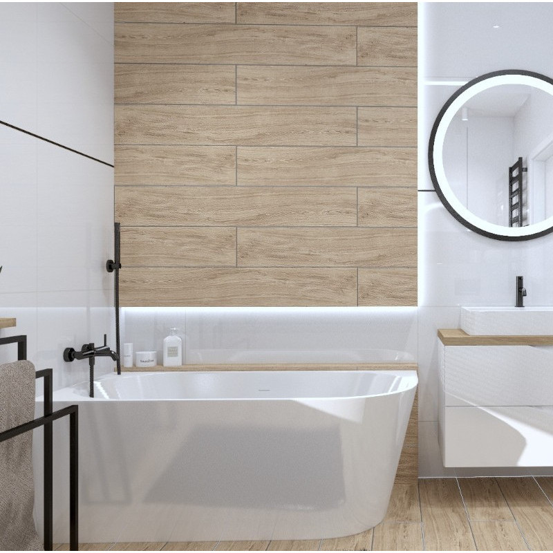 Wanna przyścienna narożna prawa LUMIO 150X75 biała z białym korkiem