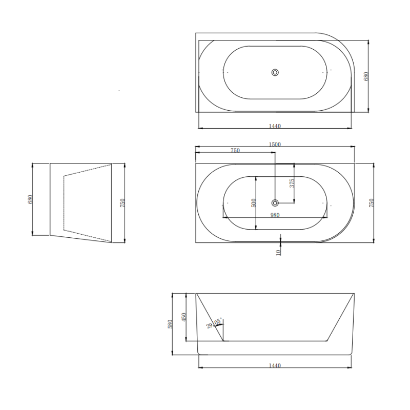 Wanna przyścienna narożna prawa LUMIO 150X75 biała z białym korkiem