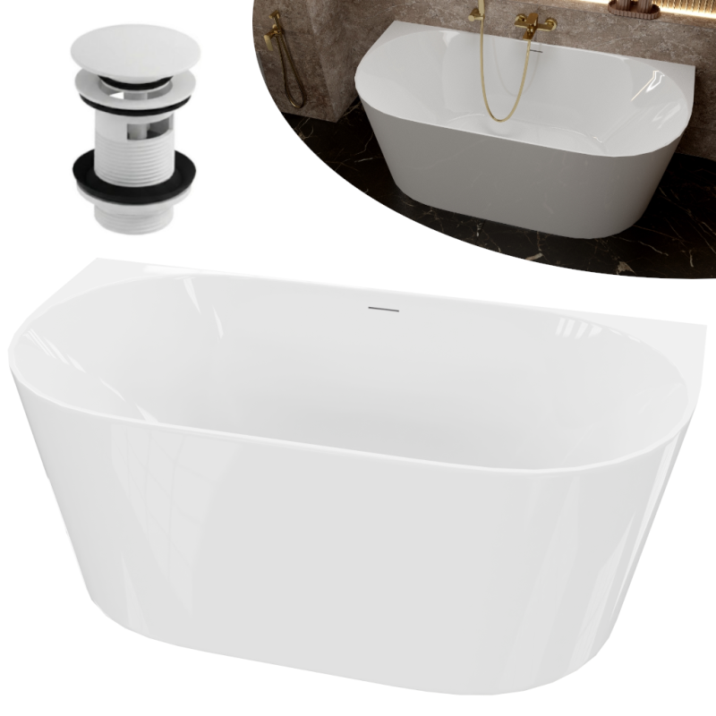 Wanna przyścienna LUMIO 150X75 uniwersalna akrylowa biała z białym korkiem