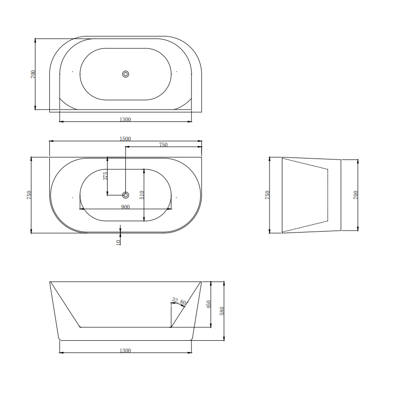 Wanna przyścienna LUMIO 150X75 uniwersalna akrylowa biała z białym korkiem