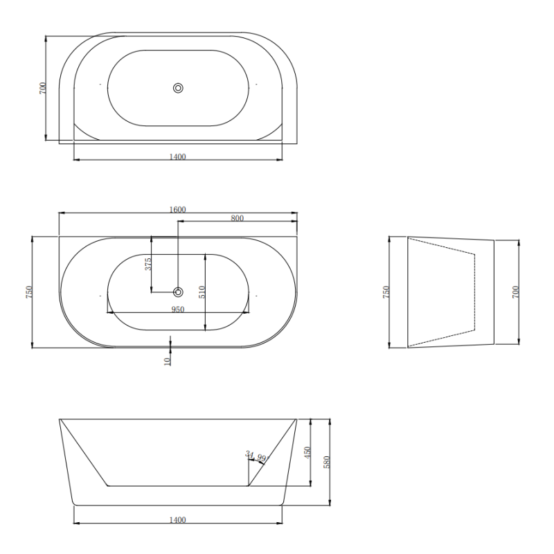 Wanna przyścienna LUMIO 160X75 uniwersalna akrylowa biała z białym korkiem