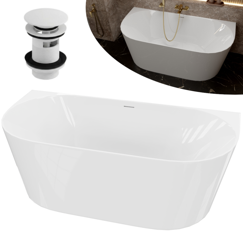 Wanna przyścienna LUMIO 170X75 uniwersalna akrylowa biała z białym korkiem