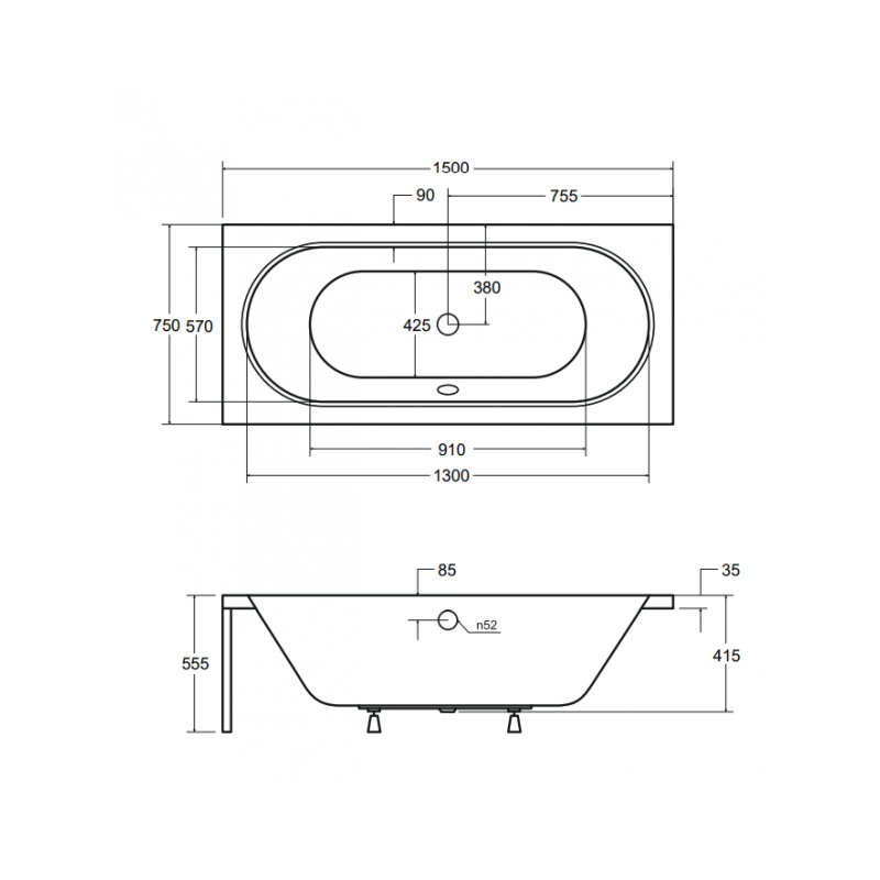 Besco Vitae 150x75 akrylowa prostokątna z ramą i syfonem + nogi