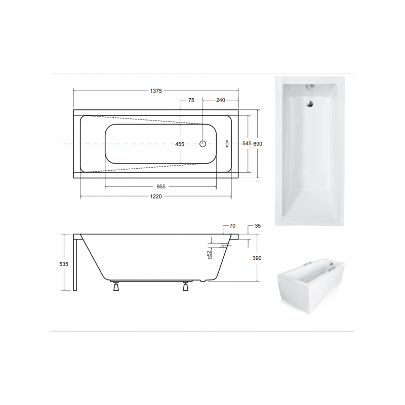 Besco Modern 140x70 Akrylowa Złoty Syfon Antybakteryjna