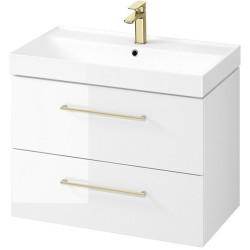 Elegancka Szafka Łazienkowa 80cm z Białą Umywalką i Złotym Uchwytrem - Styl i Funkcjonalność!