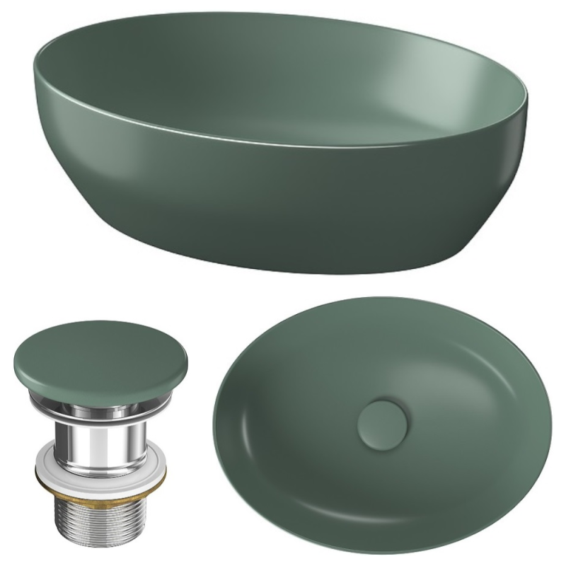 Stylowa umywalka Larga elipsa 50x38 cm w matowej zieleni + korek w zestawie