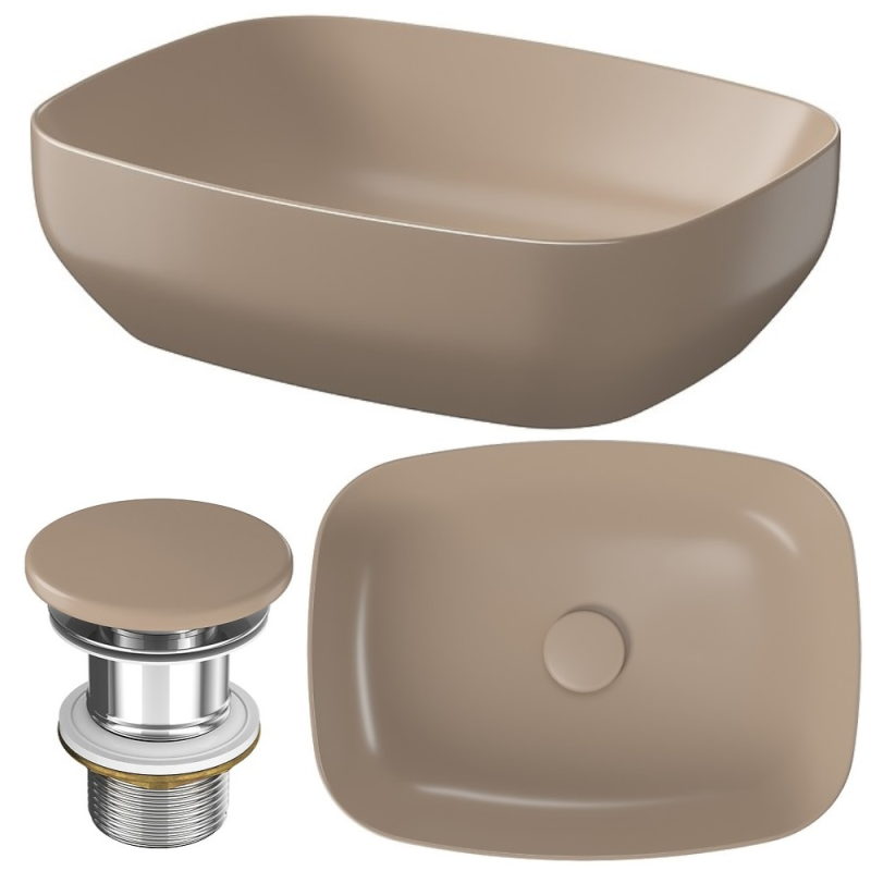 Ceramiczna Umywalka Larga 50x38 cm, Brązowy Mat, Elegancka z Korkiem Nablatowym