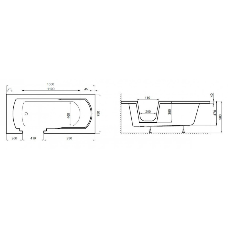 Wanna Polimat VOVO 160x75 Akrylowa Czarna z Drzwiami i Syfonem