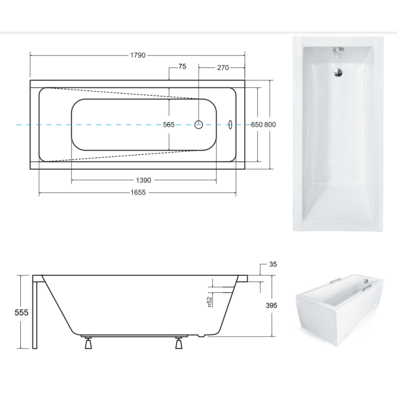 Besco Modern wanna 180x80 akrylowa zestaw z nogami i syfonem komfortowa