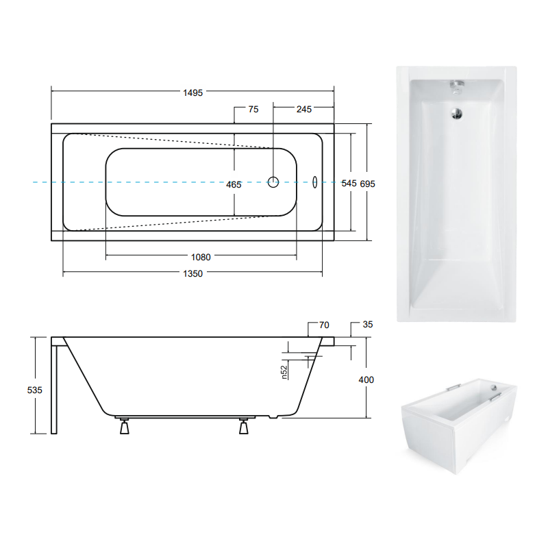 Besco Modern 150x70 cm wanna akrylowa z nogami i syfonem, prostokątna