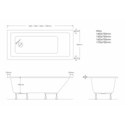wanna akrylowa Stabilsound Plus® Milos 140x70x57 cm, prostokątna ze stelażem