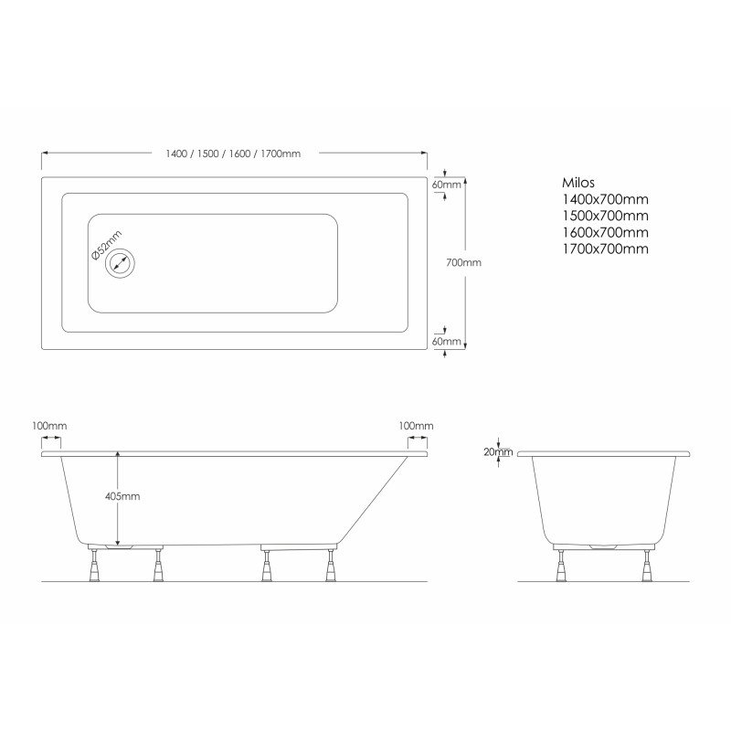 wanna akrylowa Stabilsound Plus® Milos 150x70x57 cm, prostokątna ze stelażem