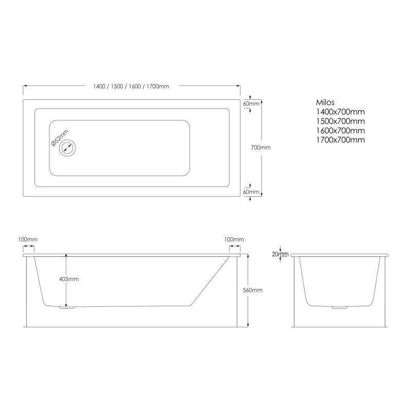 wanna akrylowa Stabilsound Plus® Milos SET 150x70x57 cm, prostokątna z nośnikiem