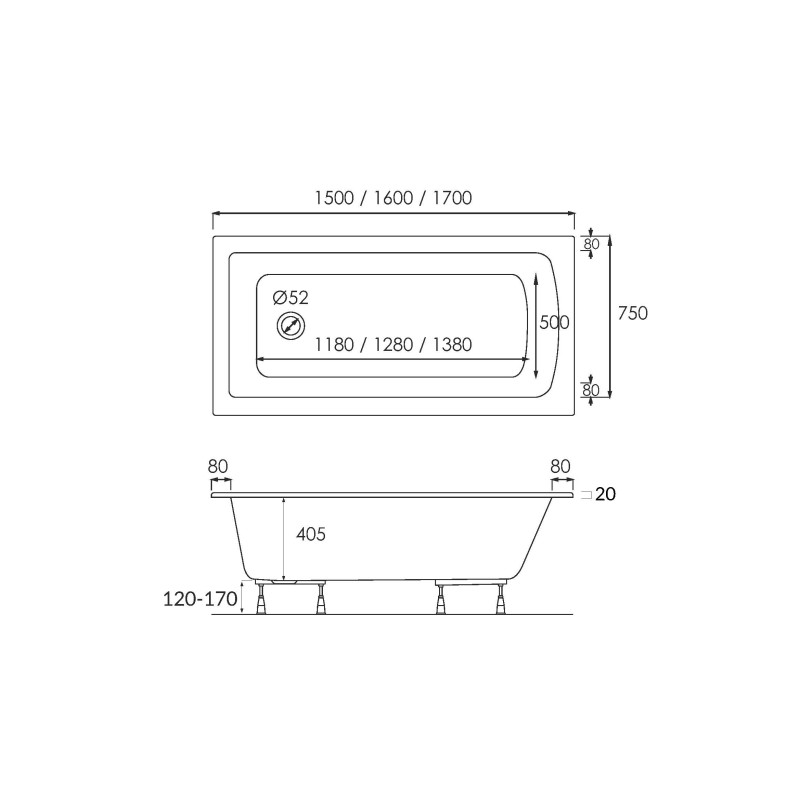 wanna akrylowa Standard Plus Praia 170x75x57 cm, prostokątna ze stelażem