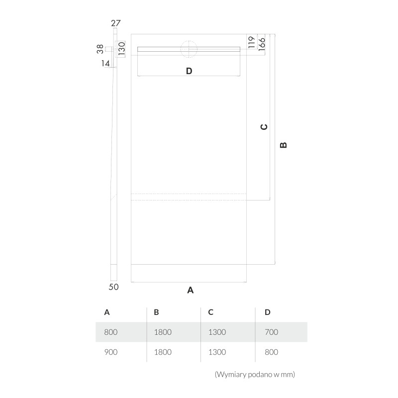 Brodzik podpytkowy Stabilsound Plus® 130+50x80x5/12,5 cm, prostokątny z maskownicą Slight-Steel