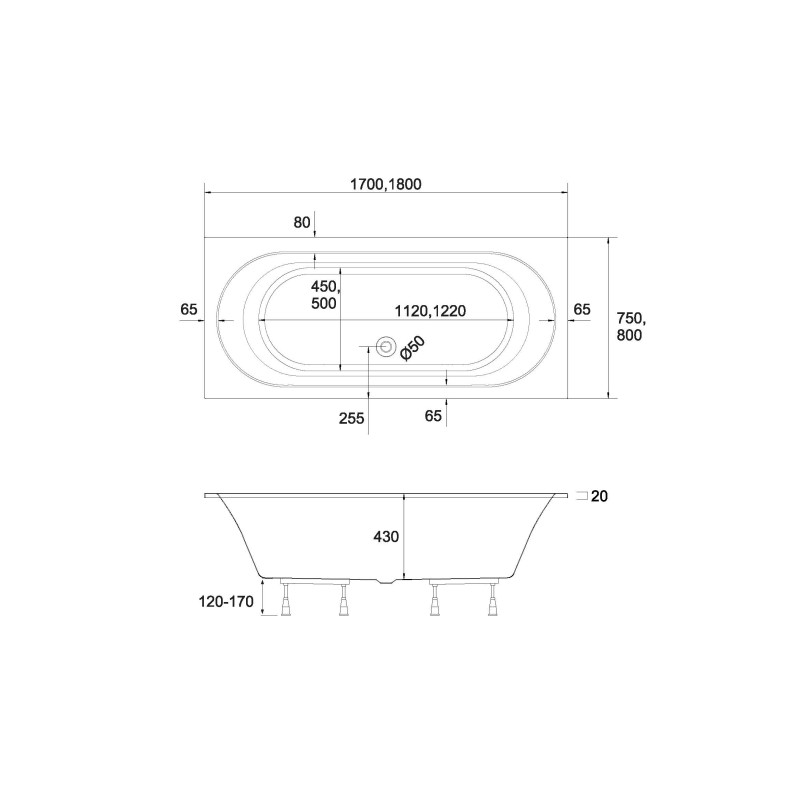 wanna akrylowa Stabilsound Plus® Celestia 180x80x57 cm, prostokątna ze stelażem