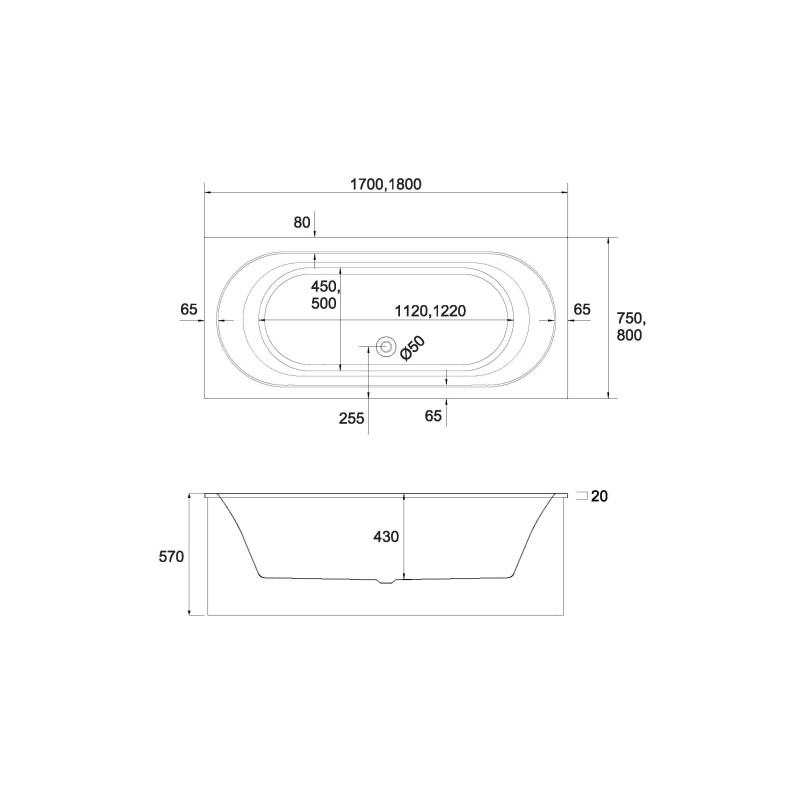 wanna akrylowa Standard Plus Celicia SET 170x75x57 cm, prostokątna z nośnikiem