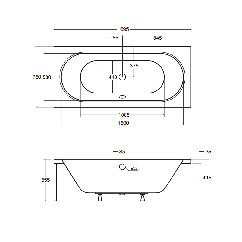 BESCO Wanna prostokątna 170x75 Vitae z czarną obudową + Syfon