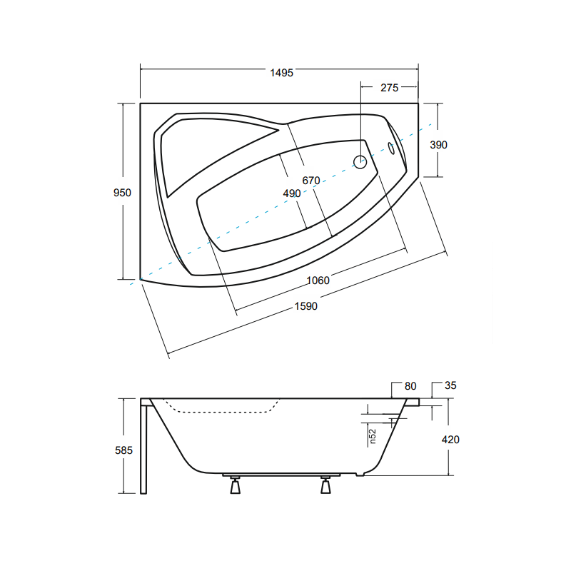 Wanna Asymetryczna Lewa RIMA 150L ze Stelażem