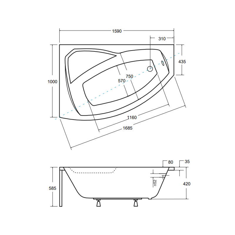 Wanna Asymetryczna 160L Lewa z Stelażem Typ W