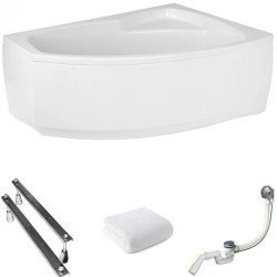 Polimat Wanna asymetryczna Frida 150x90 Prawa z białą Obudową, Syfonem i Nóżkami