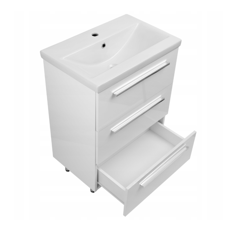 ASTOR szafka stojąca z umywalką BRYZA 61cm biała 3 szuflady uchwyty chrom