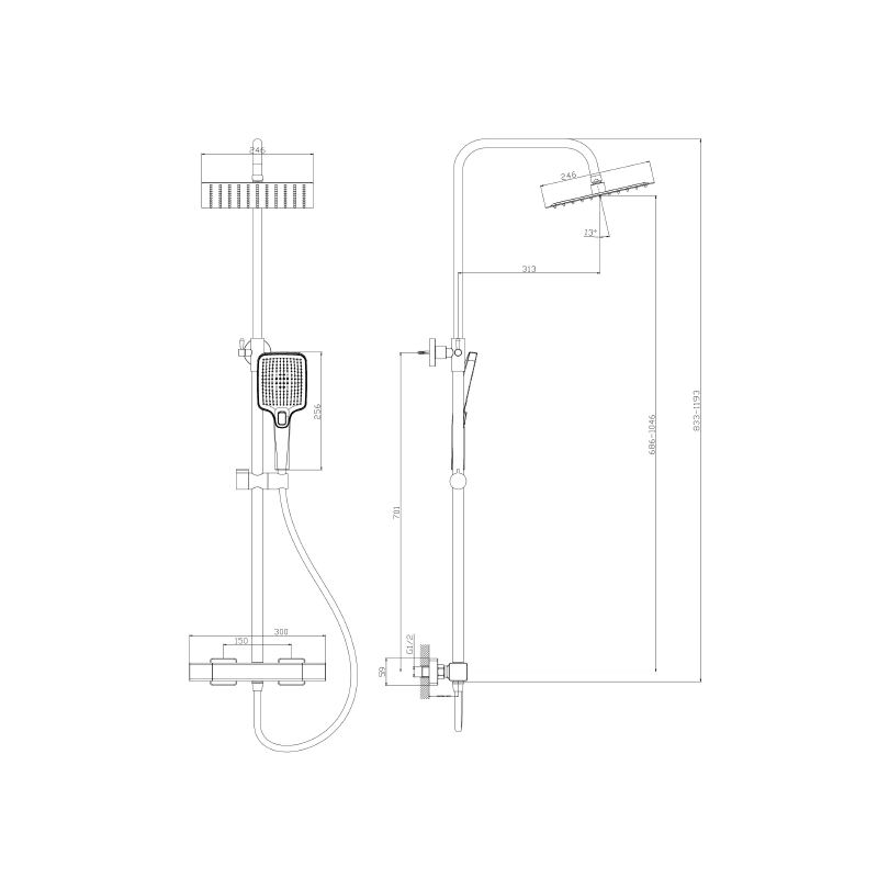 Deszczownica z baterią prysznicową termostatyczną dwufunkcyjną stal szczotkowana THERMO AVAPAX ADTH6211T2