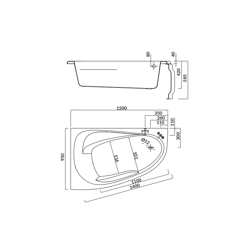 wanna asymetryczna Joanna New 150x95 lewa z syfonem i nóżkami