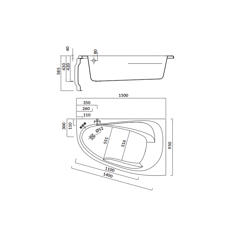 Cersanit wanna asymetryczna Joanna New 150x95 prawa z syfonem i nóżkami