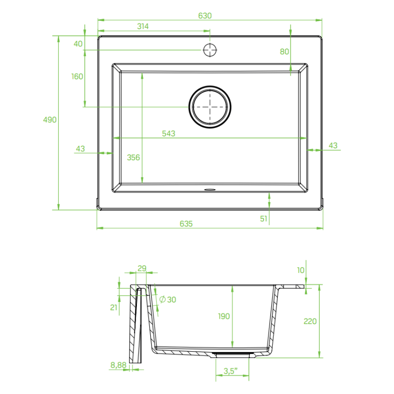 Laveo Komodo zlewozmywak granitowy czarny 490x630 1-komorowy