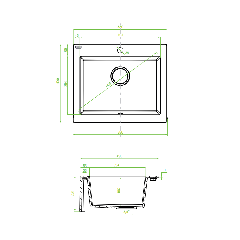 Laveo Komodo zlewozmywak granitowy biały 490x580 1-komorowy