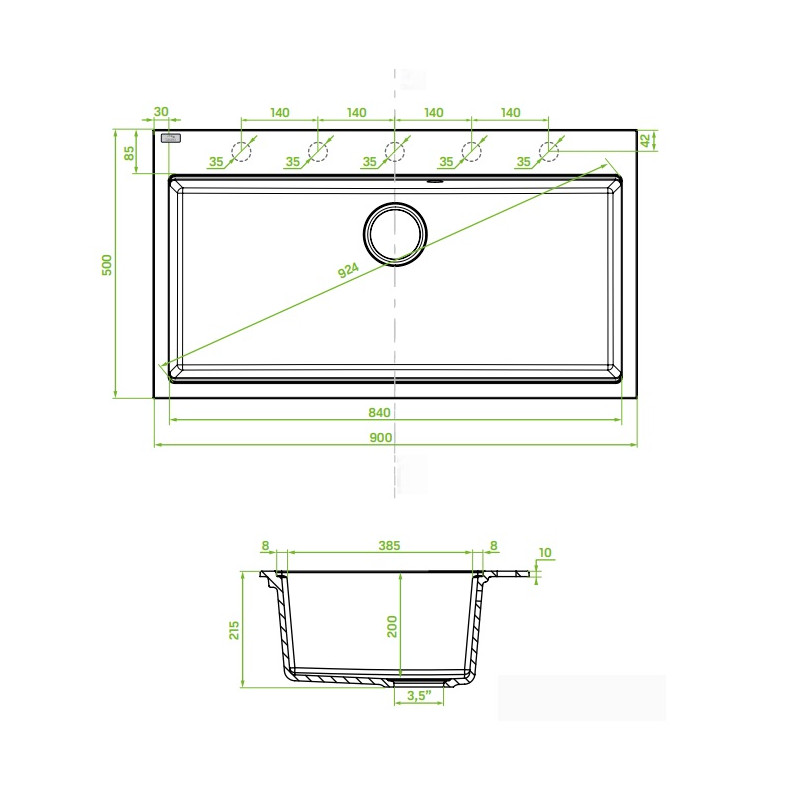 Laveo Tau zlewozmywak granitowy czarny 500x900 1-komorowy