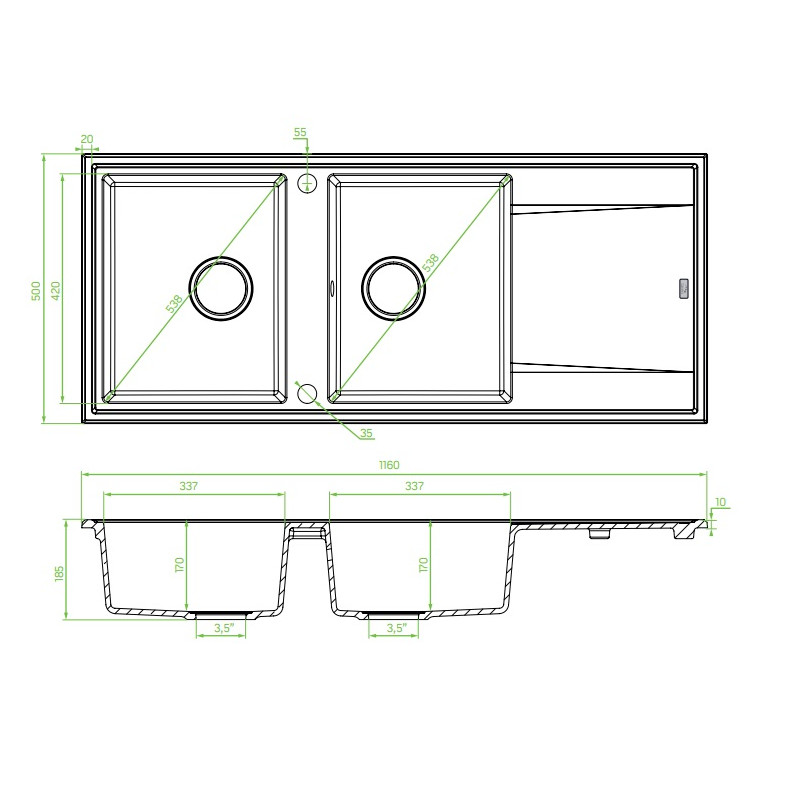 Laveo Megalo zlewozmywak granitowy beżowy 500x116 2-komorowy
