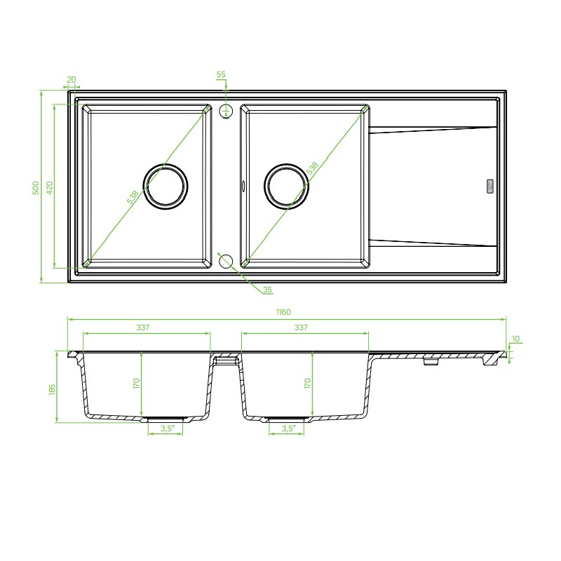 Laveo Megalo zlewozmywak granitowy szary 500x116 2-komorowy