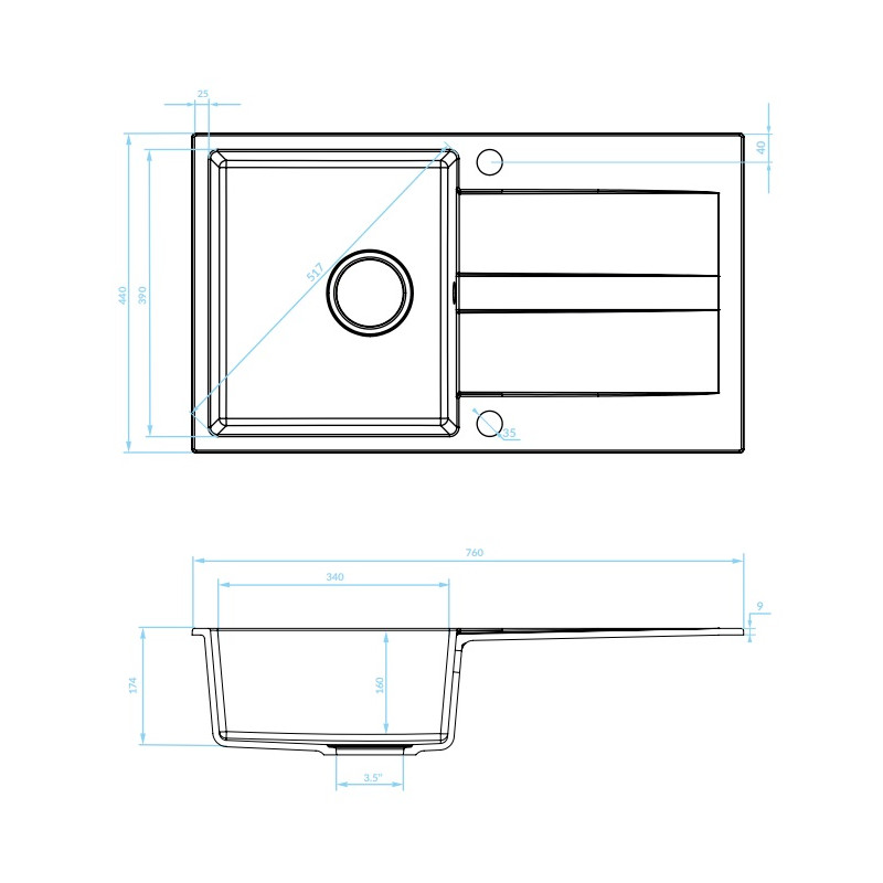 Kuchinox Laut zlewozmywak granitowy czarny 440x760 1-komorowy